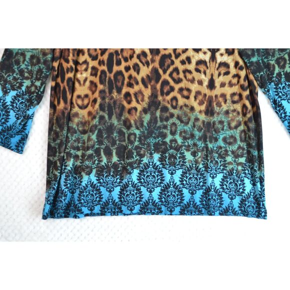 Susan Graver Women's Large Brown Animal Print Liquid Knit 3/4 Sleeve Blouse - Picture 3 of 11